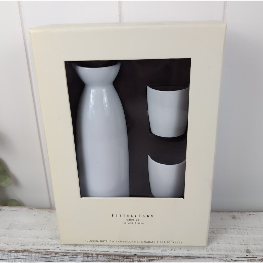 Pottery Barn Sake Set White Ceramic 3 Piece NEW Carafe & Petite Tasses